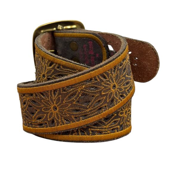 Lucky Brand Wide Belt Leather Embroidered Cutout SZ M Womens Brown Western Boho - Picture 6 of 11